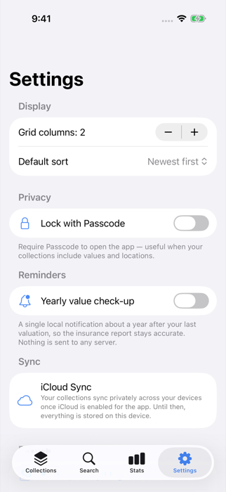 The Settings tab in Need a List, opened from the tab bar at the bottom of the screen.