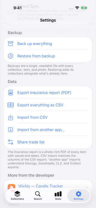 The Backup and Data sections in Settings, showing Back up everything, Export insurance report (PDF), and Export everything as CSV.