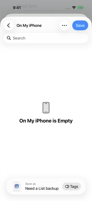 The Files save screen with a Save button, saving the file On My iPhone.