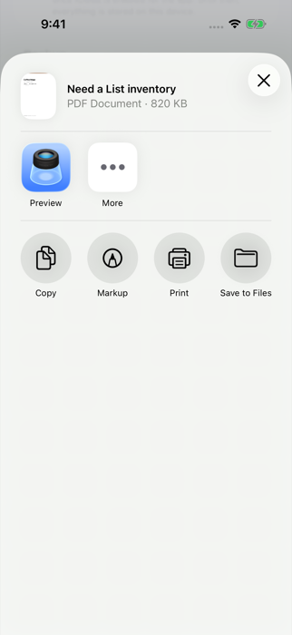 The share sheet showing the Need a List inventory PDF document, with Preview, Copy, Markup, Print, and Save to Files options.