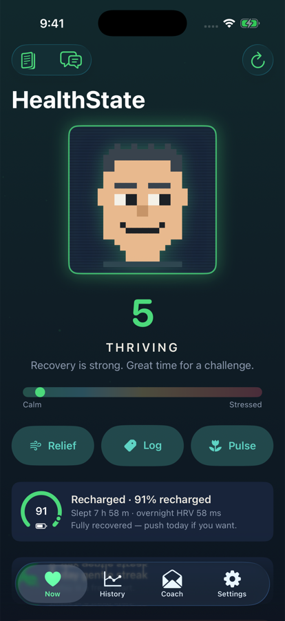 The HealthState dashboard: a pixel companion above a stress score, with an energy curve and recovery reserve below