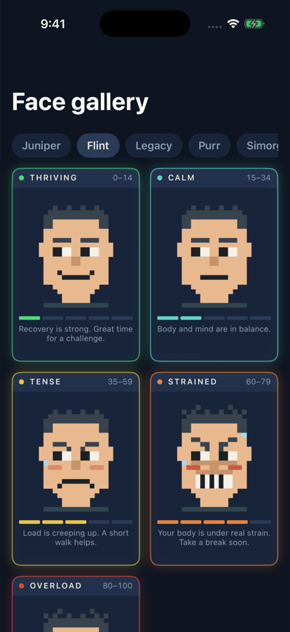 The face gallery showing several pixel companions at different stress levels