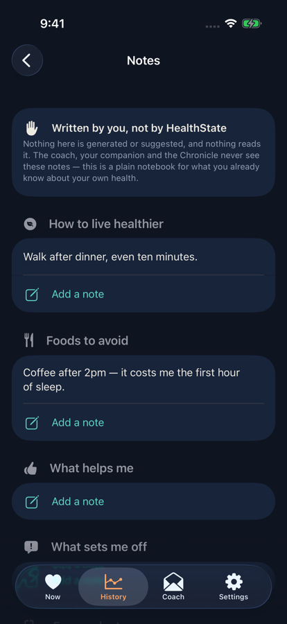 The Notes screen with sections for how to live healthier, foods to avoid and more